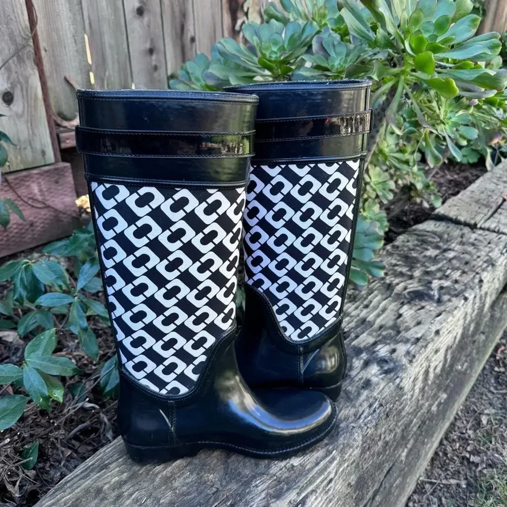 DVF Diane Von Furstenberg Black White Whitney Rubber Rain Boots Women's Size 6
